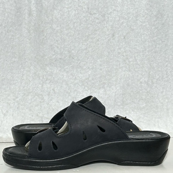 Flexus Womens Black Decca Leather 2-Strap Slide Wedge Sandals SZ EU 39 US 8.5 - Picture 7 of 12
